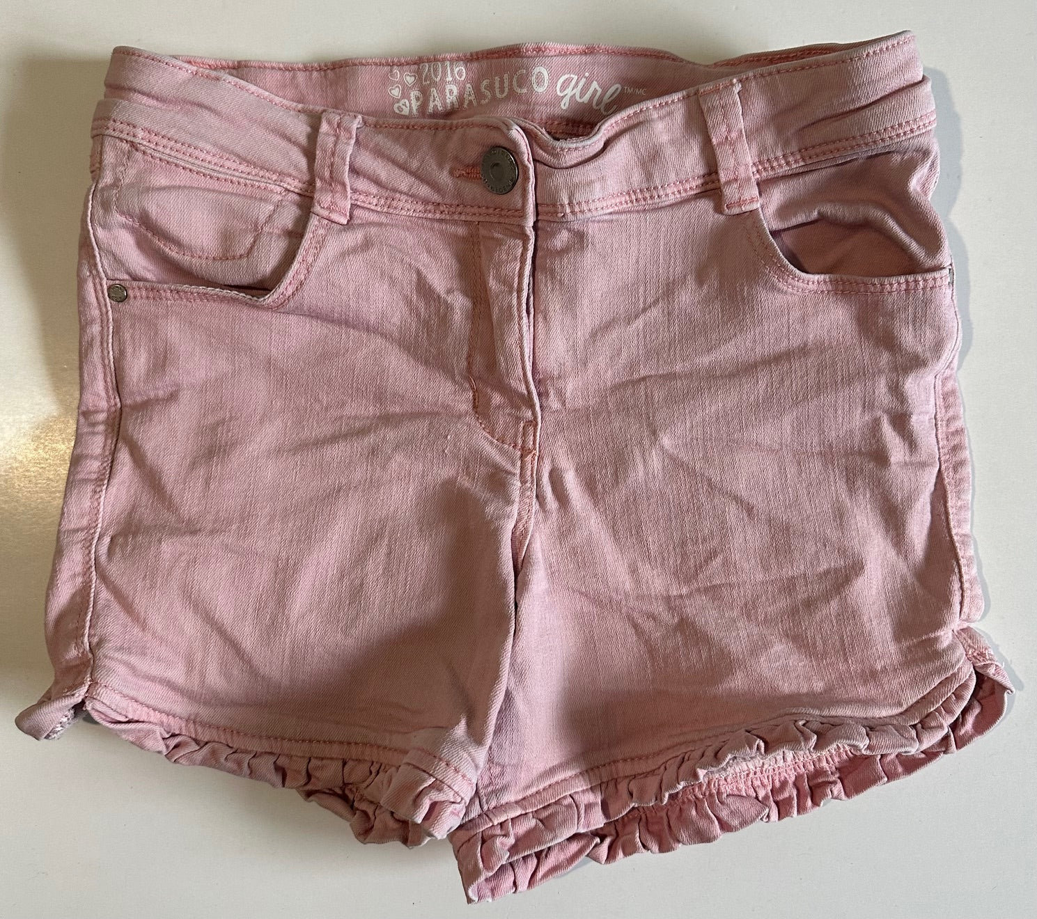 Parasuco Girl, Pink Denim Shorts with Ruffle Bottom - Size 14