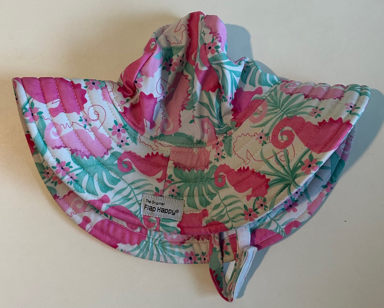 The Original Flap Happy, Pink and Teal Sun Hat - Size Large (12-24 Months)