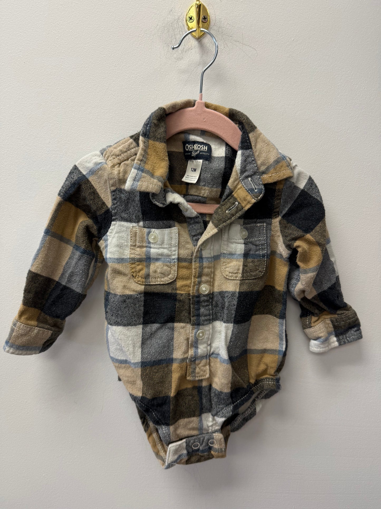 OSHKOSH BROWN BUTTON UP ONESIE SIZE 12M