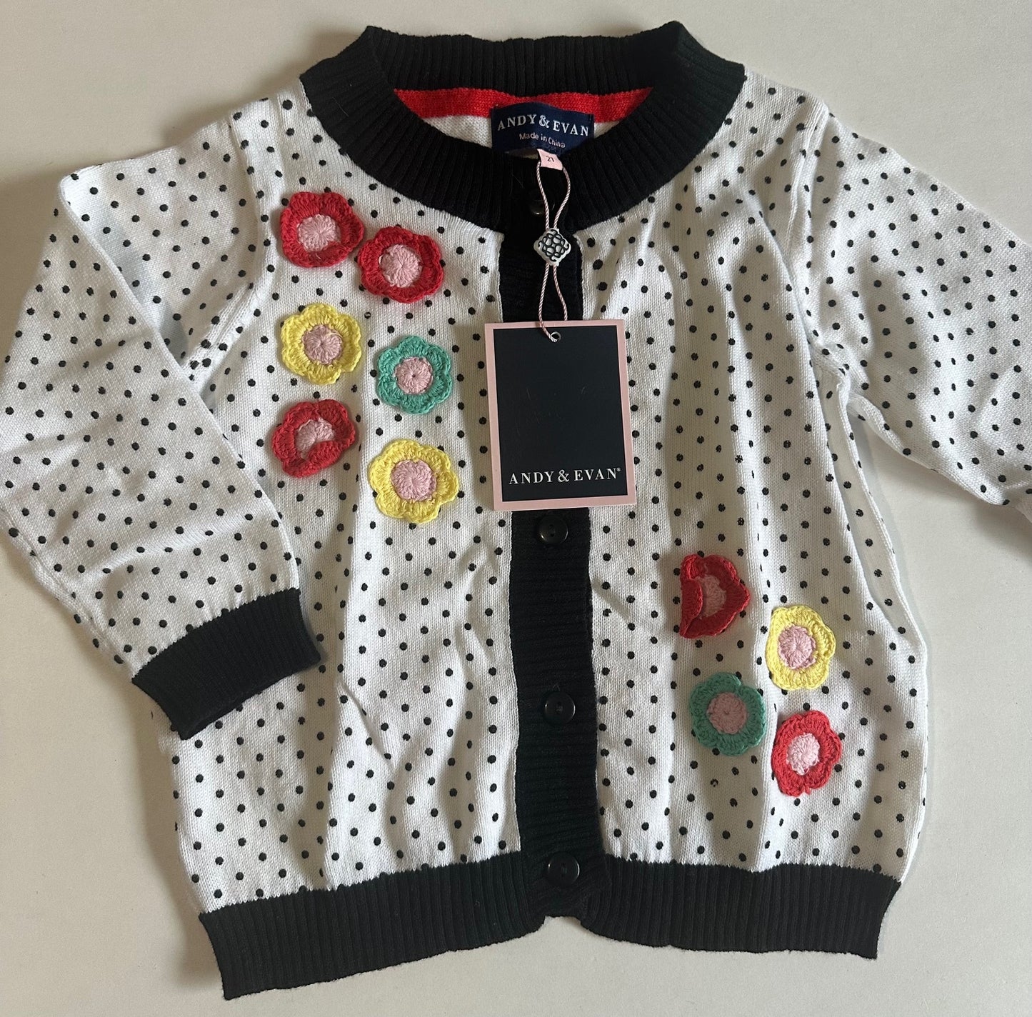 *New* Andy & Evan, White and Black Polka-Dot Button-Up Sweater with Flowers - Size 2T