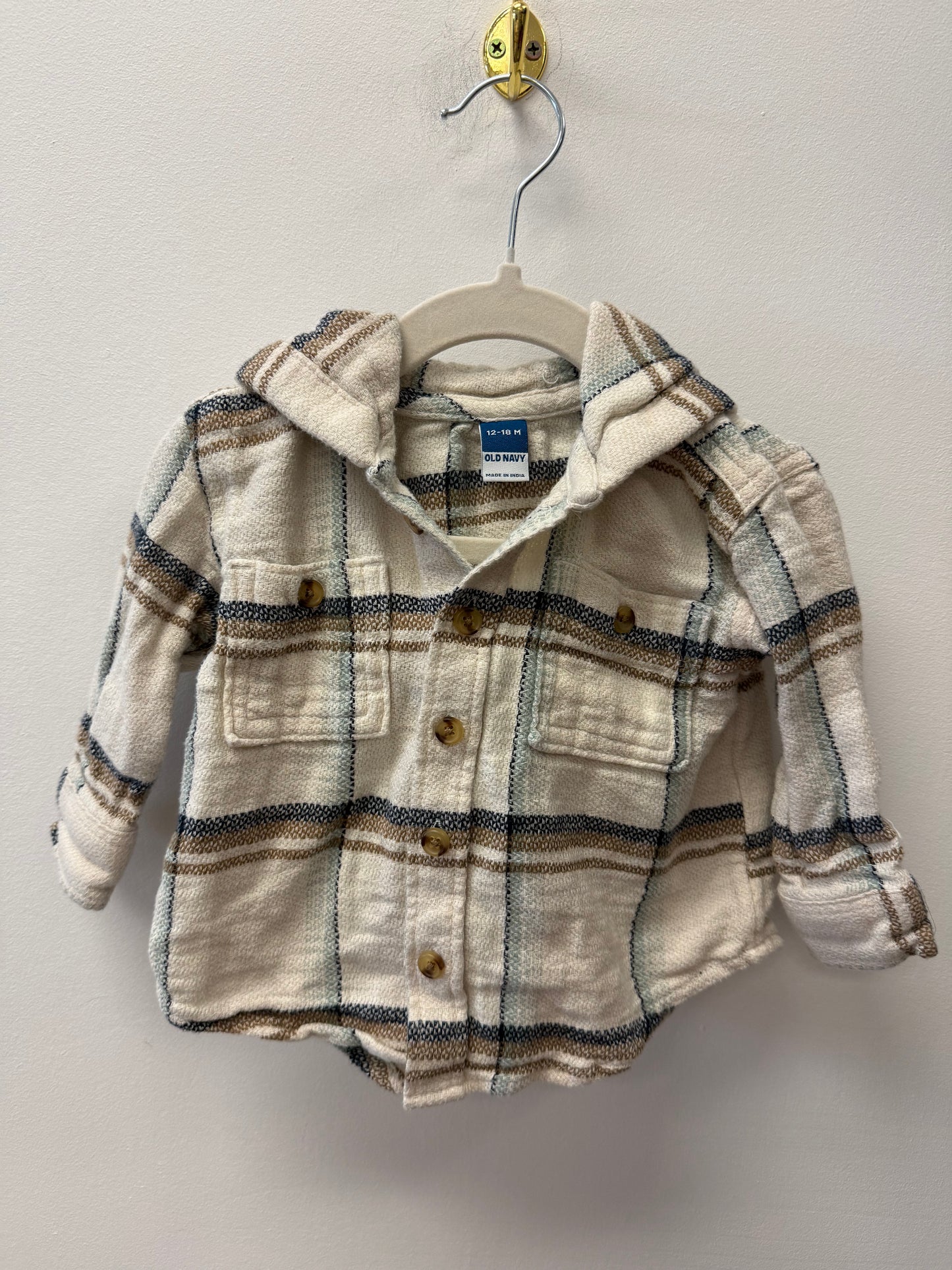 OLD NAVY BEIGE HOODED PLAID SIZE 12-18M