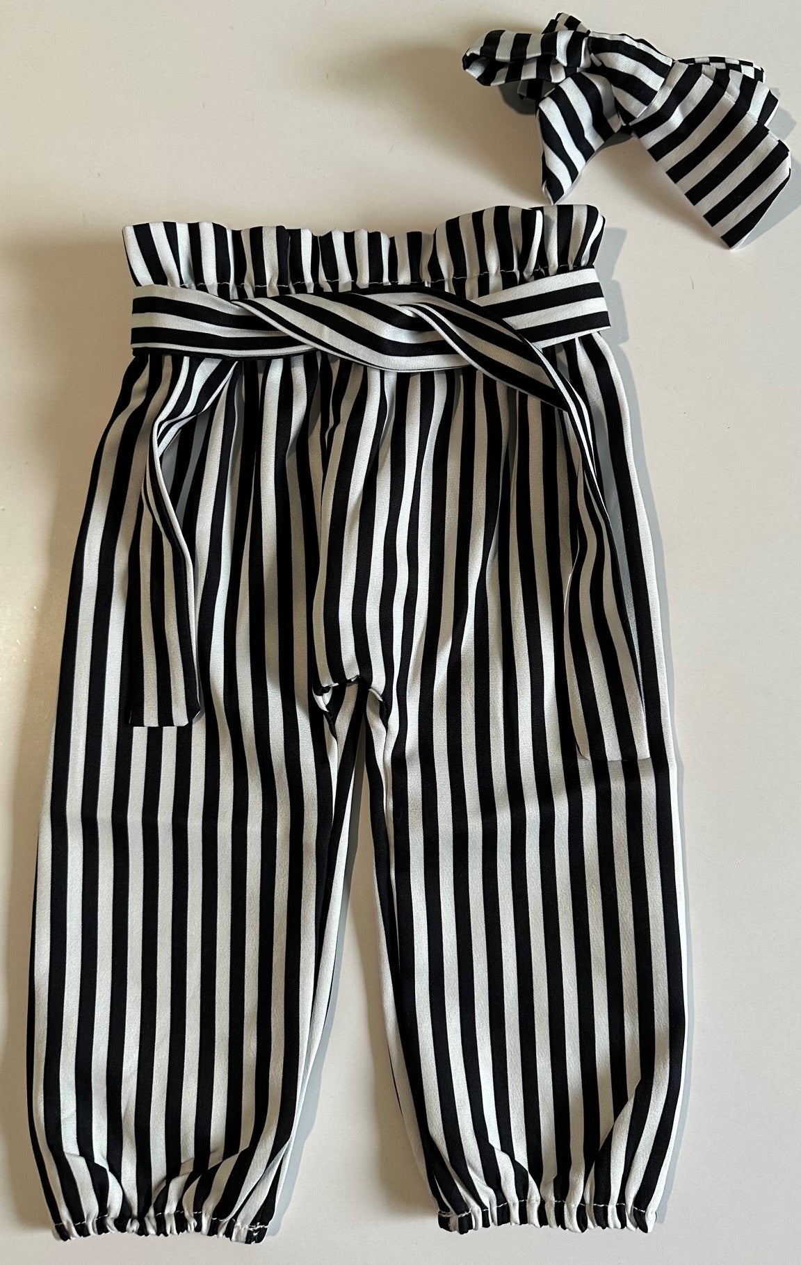 Unknown Brand, Black and White Vertical Striped Pants with Belt and  Headband - 12-18 Months