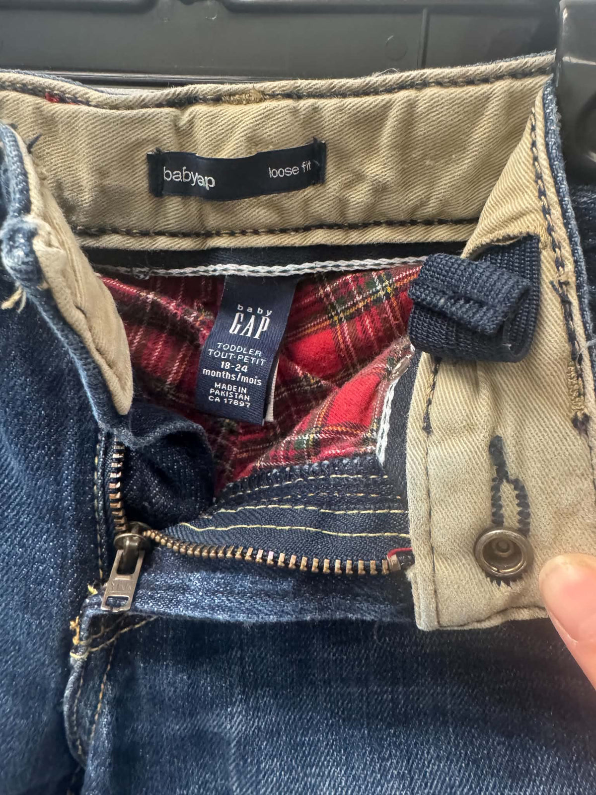 BABY GAP RED PLAID LINED JEANS SIZE 18-24M