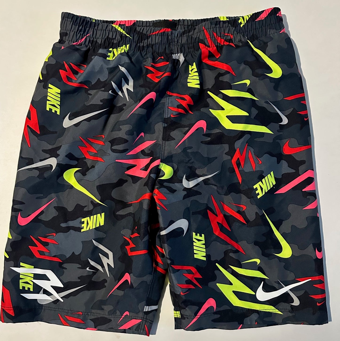 Nike, Black Camo, Red, and Bright Green/Yellow Swim Shorts - Size Medium (10-12)