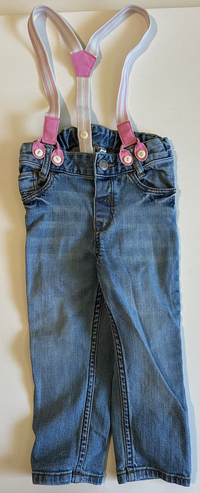 H&M, Jeans with Pink and White Suspenders - 12-18 Months