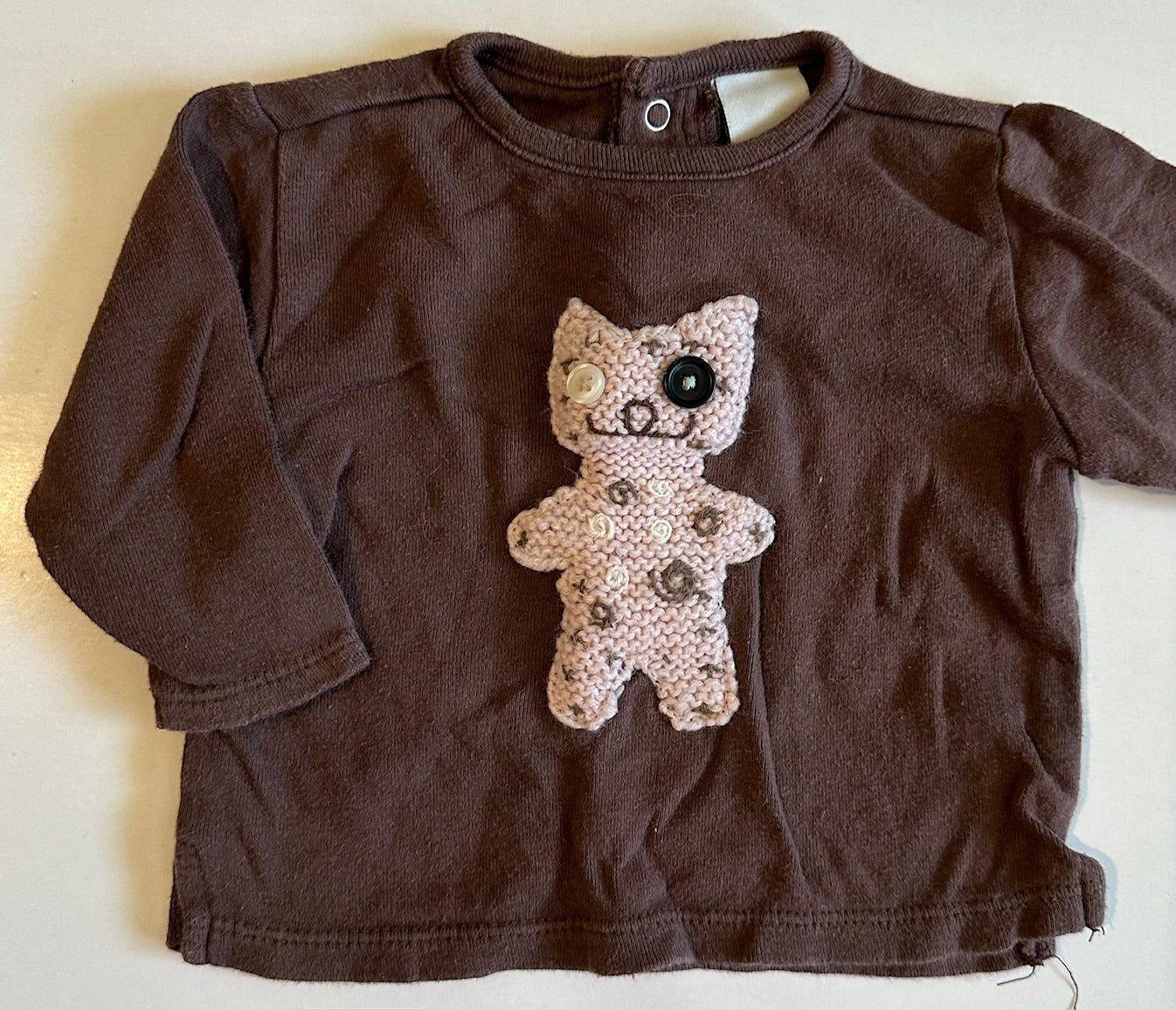 Old Navy, Dark Brown Shirt with Pink Knit Cat - 0-3 Months