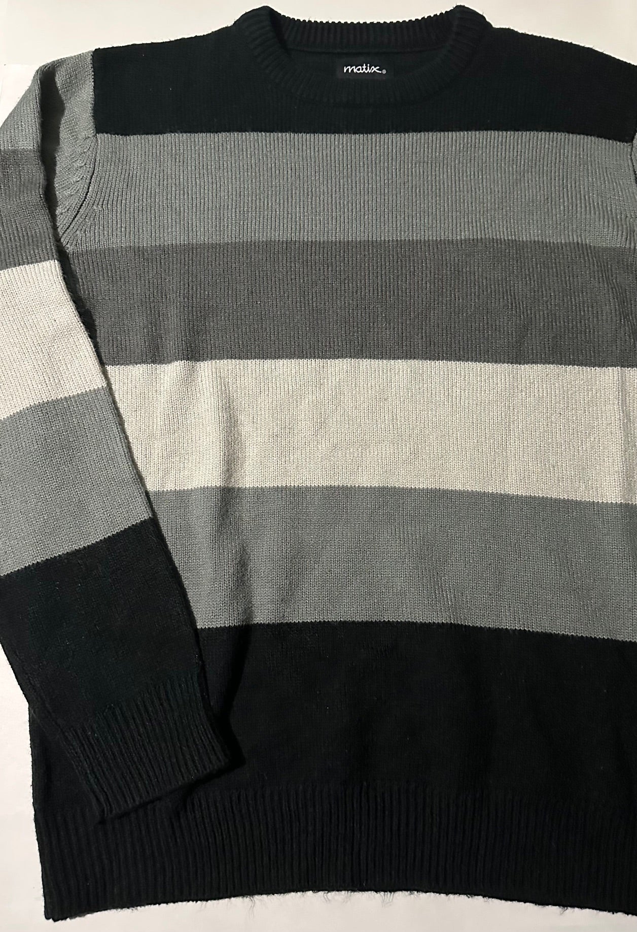 *Adult* Matix, Grey, Black, and White Striped Sweater - Size Medium