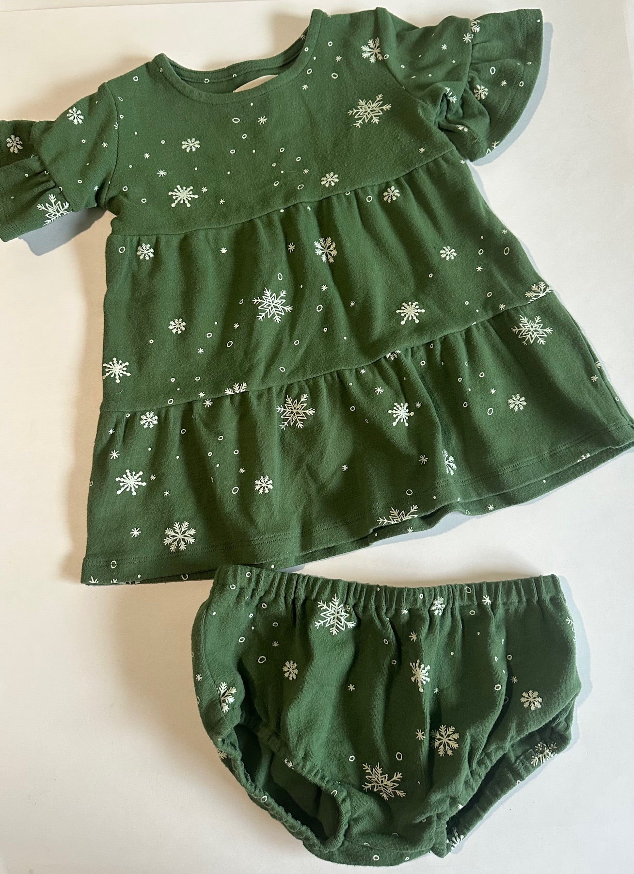 Vignette, Green Snowflakes Dress and Bummie Set - 18-24 Months