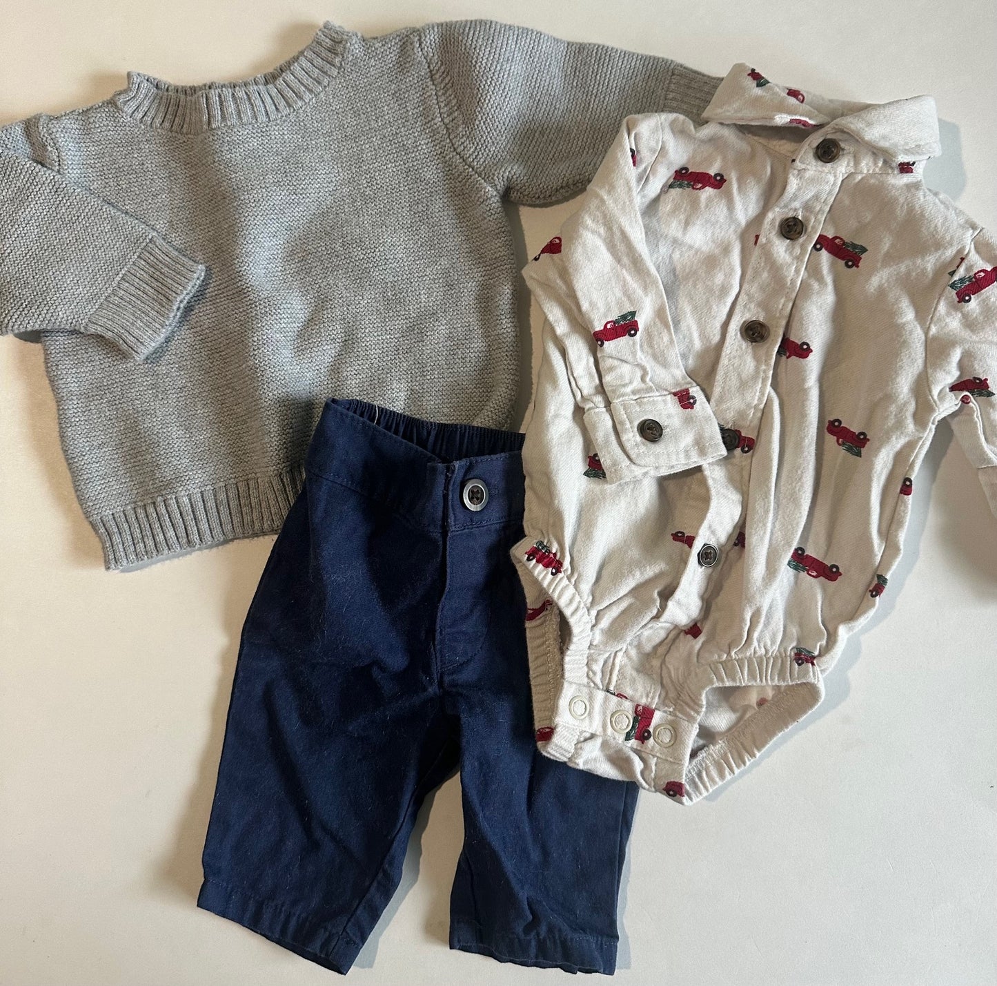 Carter's, Grey Sweater, Blue Pants, and Red Trucks Onesie - Newborn