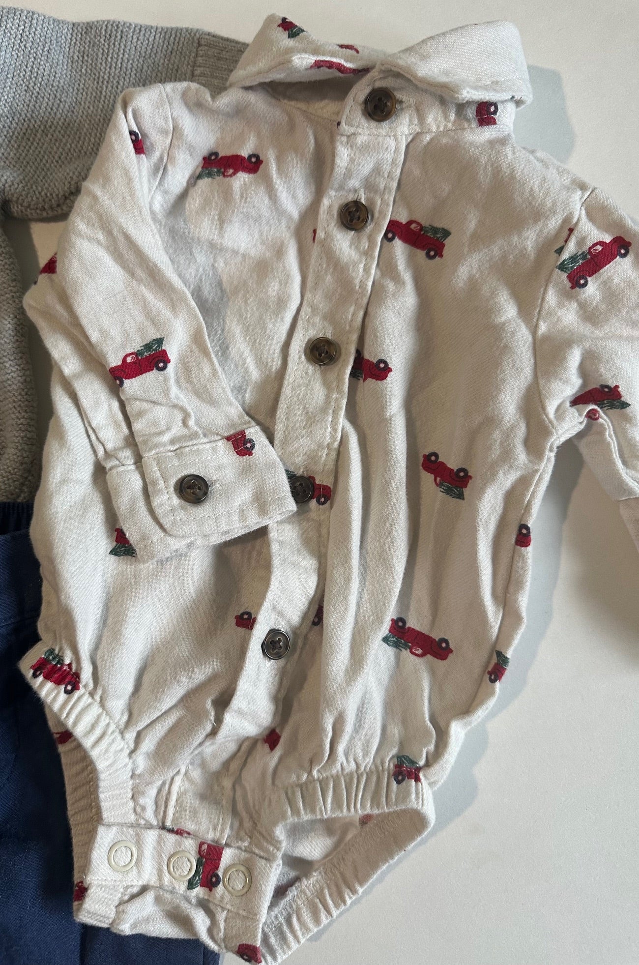 Carter's, Grey Sweater, Blue Pants, and Red Trucks Onesie - Newborn