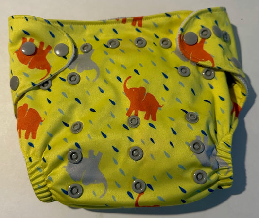 Lil Helper, Yellow, Orange, and Grey Elephants Cloth Diaper with Inserts - 7-35 Lbs.