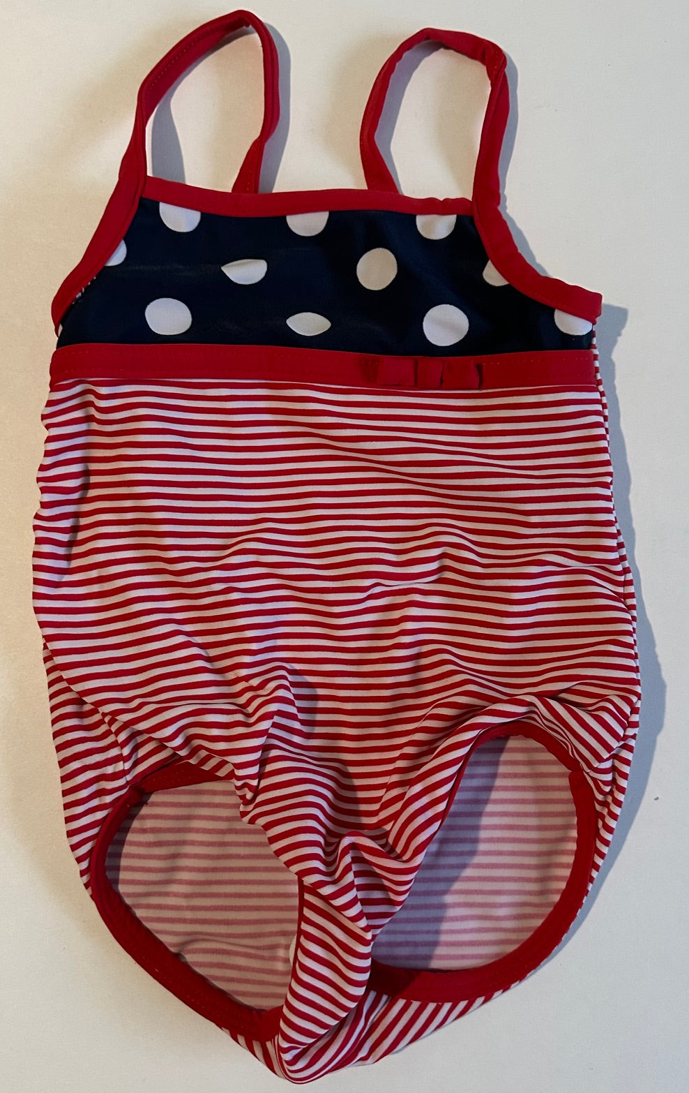 Carter's, Red Striped One-Piece Bathing Suit with Navy Blue and White Polka Dots - 12 Months