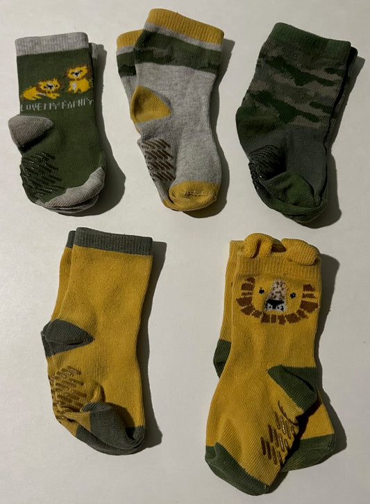 Unknown Brand, Five Pairs of Grey, Yellow, and Dark Green Socks - 12-18 Months