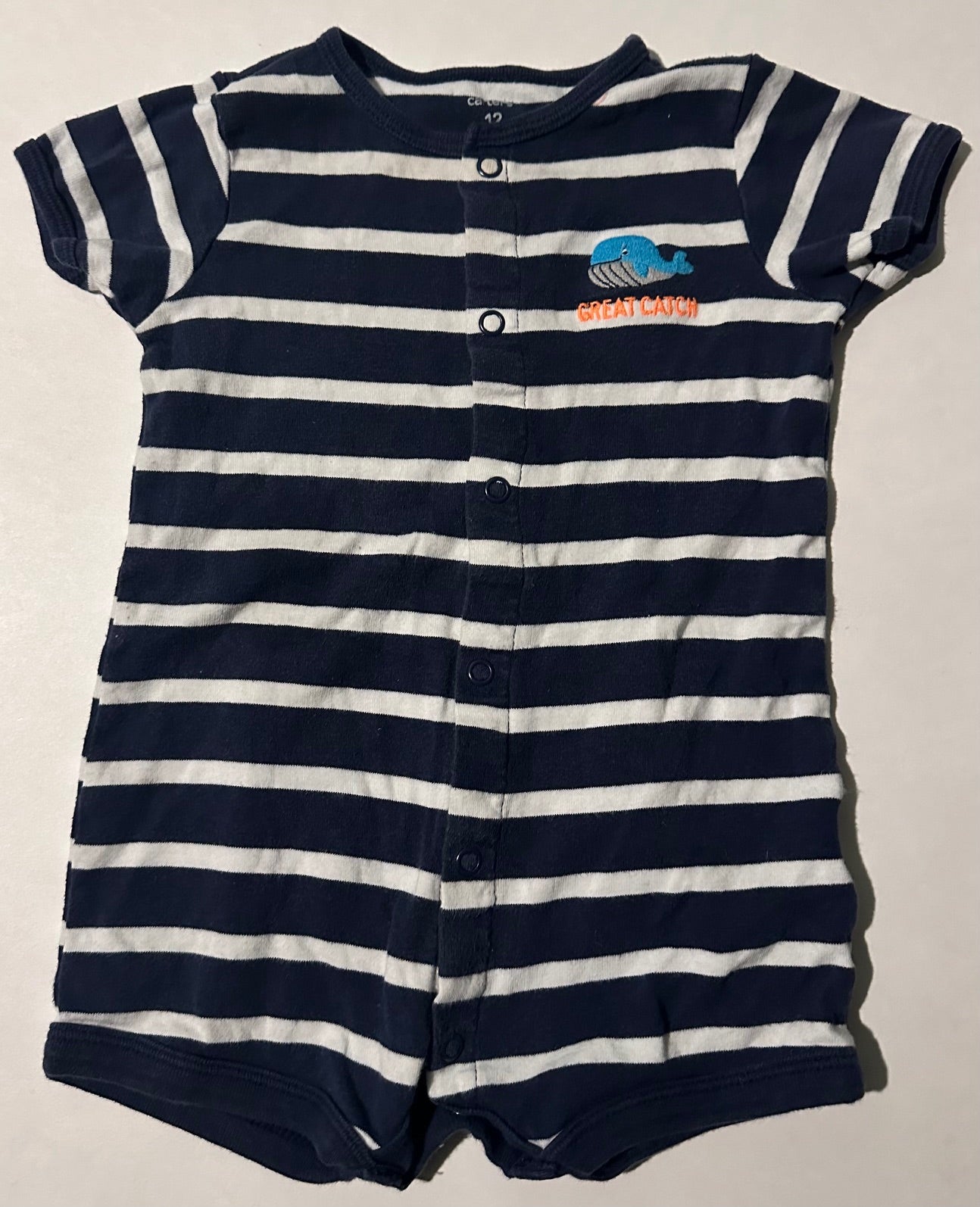 Carter's, Navy Blue Striped "Great Catch" Romper - 12 Months