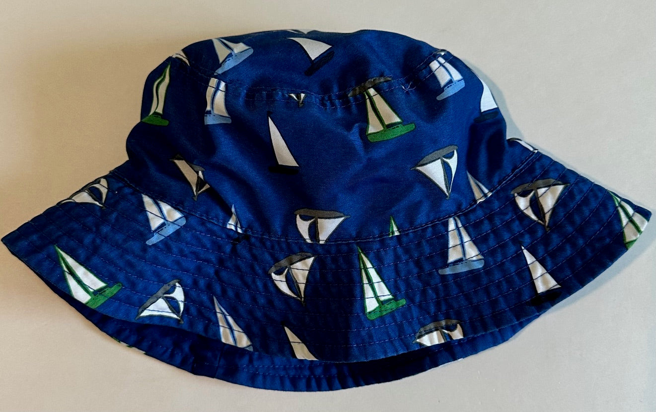 Unknown Brand, Navy Blue Sailboats Sun Hat with Chin Strap - 6-12 Months