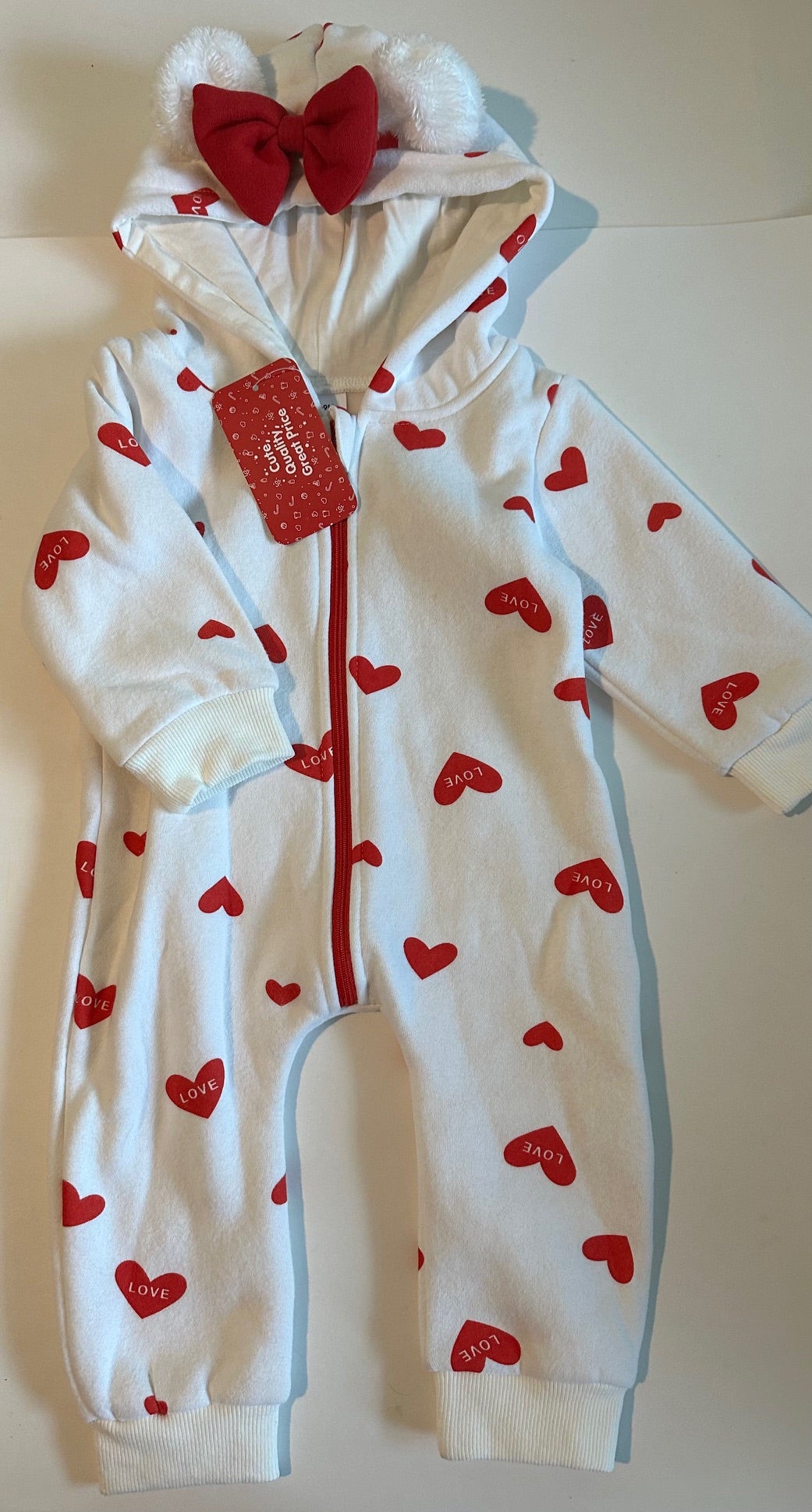 *New* PatPat, White and Red Hearts Hooded Romper - 6-9 Months