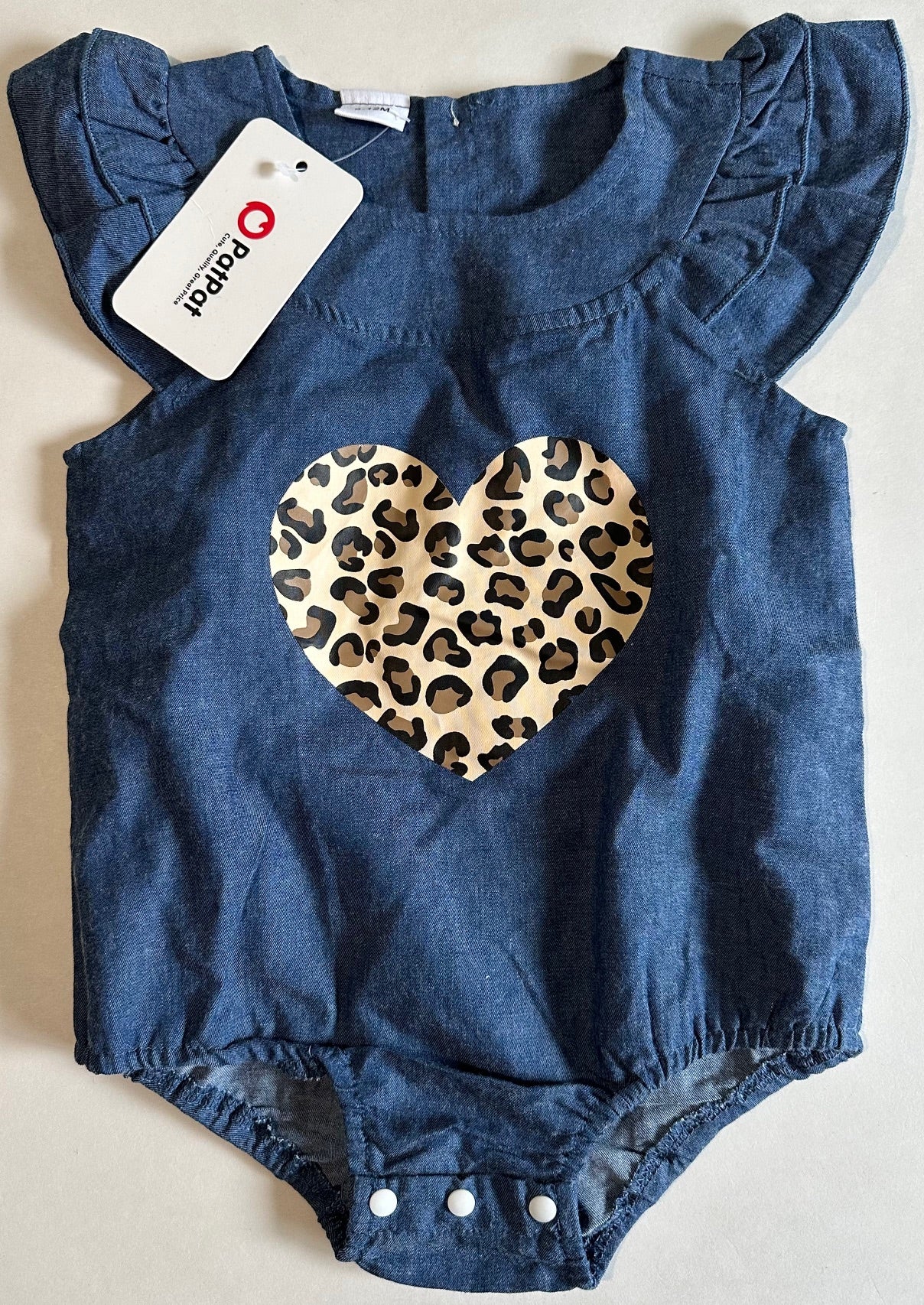 *New* PatPat, Denim and Animal Print Heart Romper - 9-12 Months