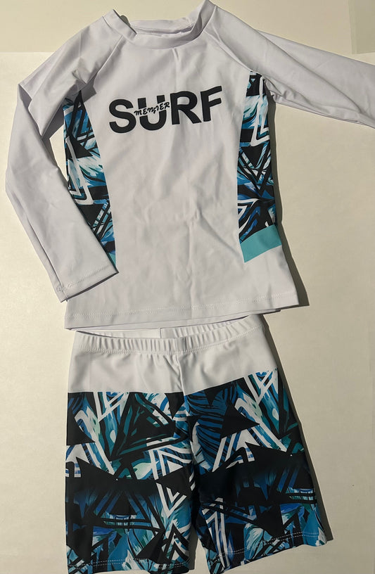 *New* Unknown Brand, White and Blue "Surf" Swim Shirt and Shorts Set - Size 4-5