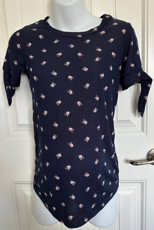 Hello Miz, Navy Blue Flowery Top with Ties on Sleeves - Size Medium