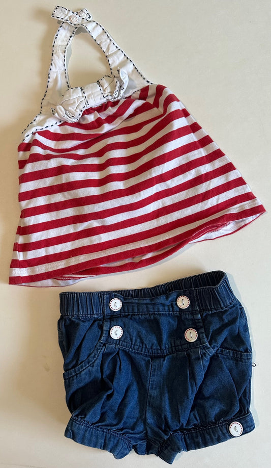 Savannah, Red and White Striped Halter Top and Blue Shorts - 12 Months