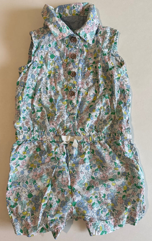 Carter's, Flowery Sleeveless Romper with Collar - 12 Months