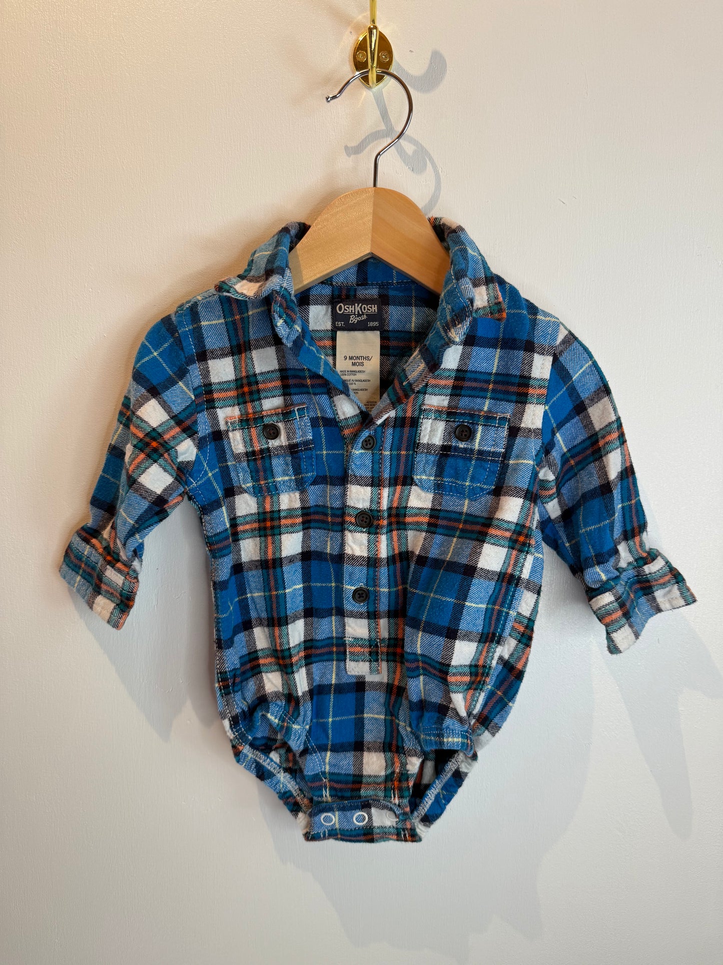 OSHKOSH BLUE PLAID ONESIE 9M