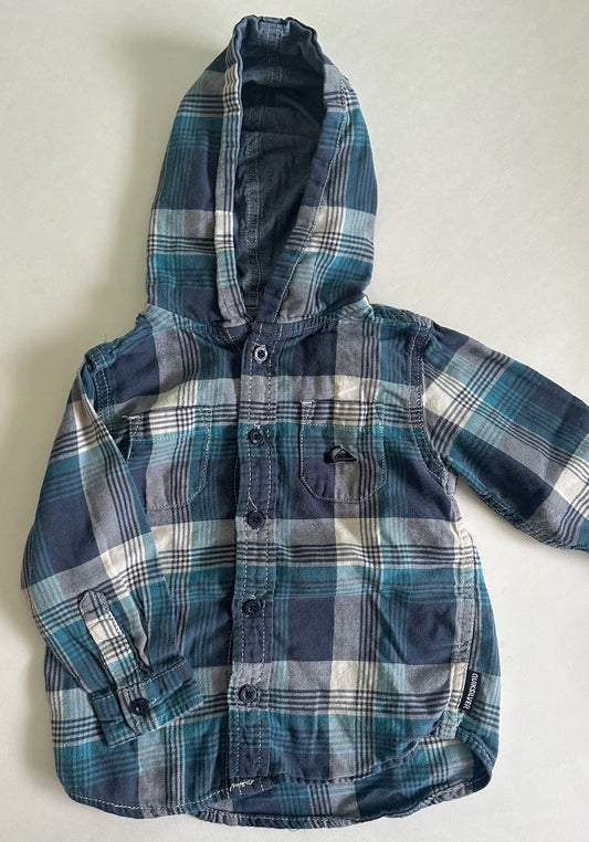 Quiksilver, Blue Plaid Button-Up Hooded Shirt - 18 Months