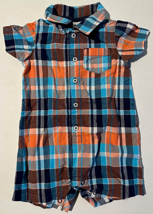 Carter's, Orange and Blue Plaid Button-Up Romper - 12 Months