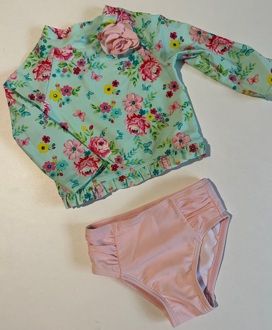 *Play* Little Me, Flowery Swim Shirt and Pink Bottoms - 12 Months