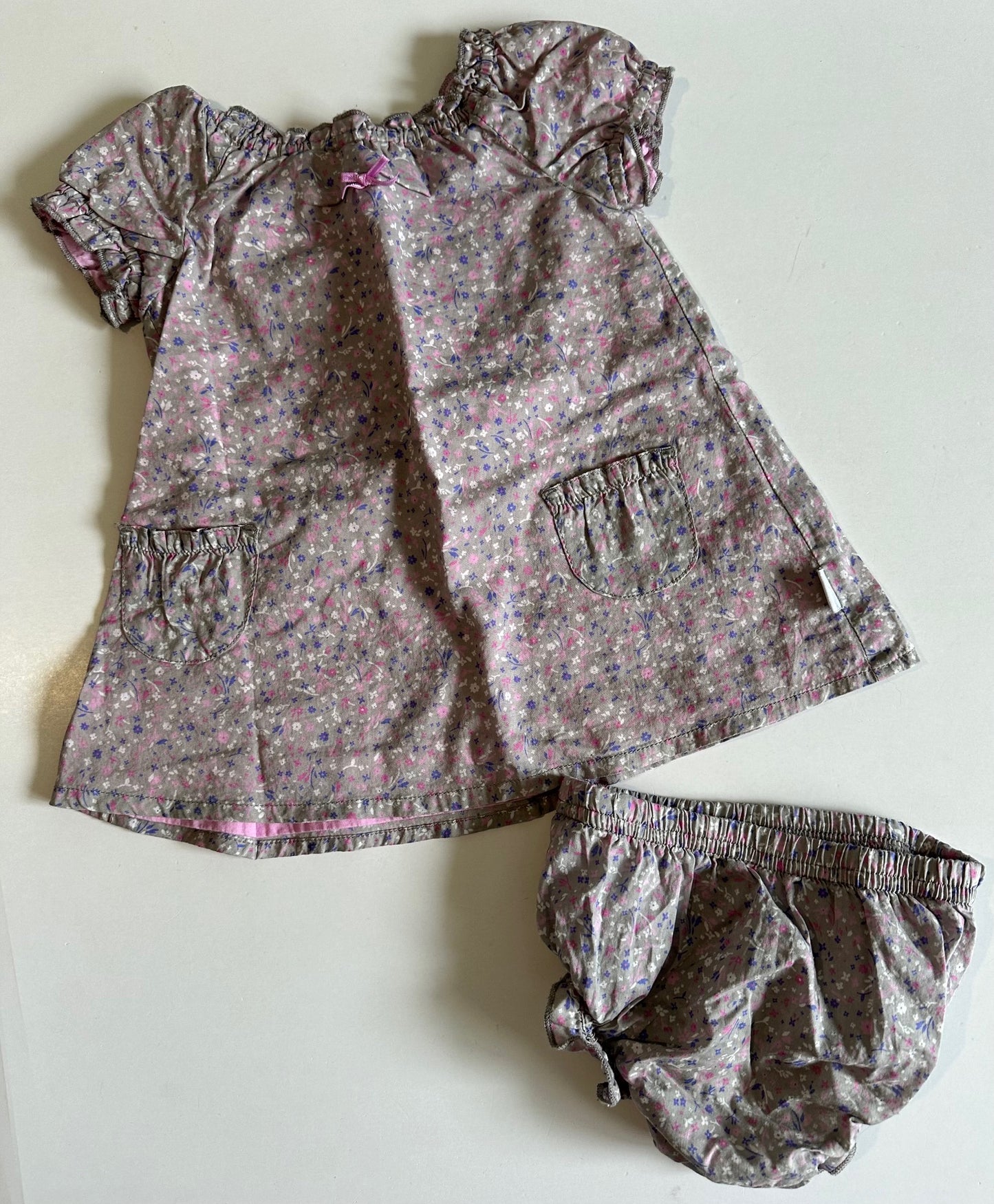 Mexx, Grey and Purple Flowery Dress and Bummie Set - 3-6 Months
