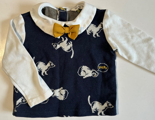 Curly Sue, Navy Blue and Ivory Top with Mustard Yellow Bow - Size 2T