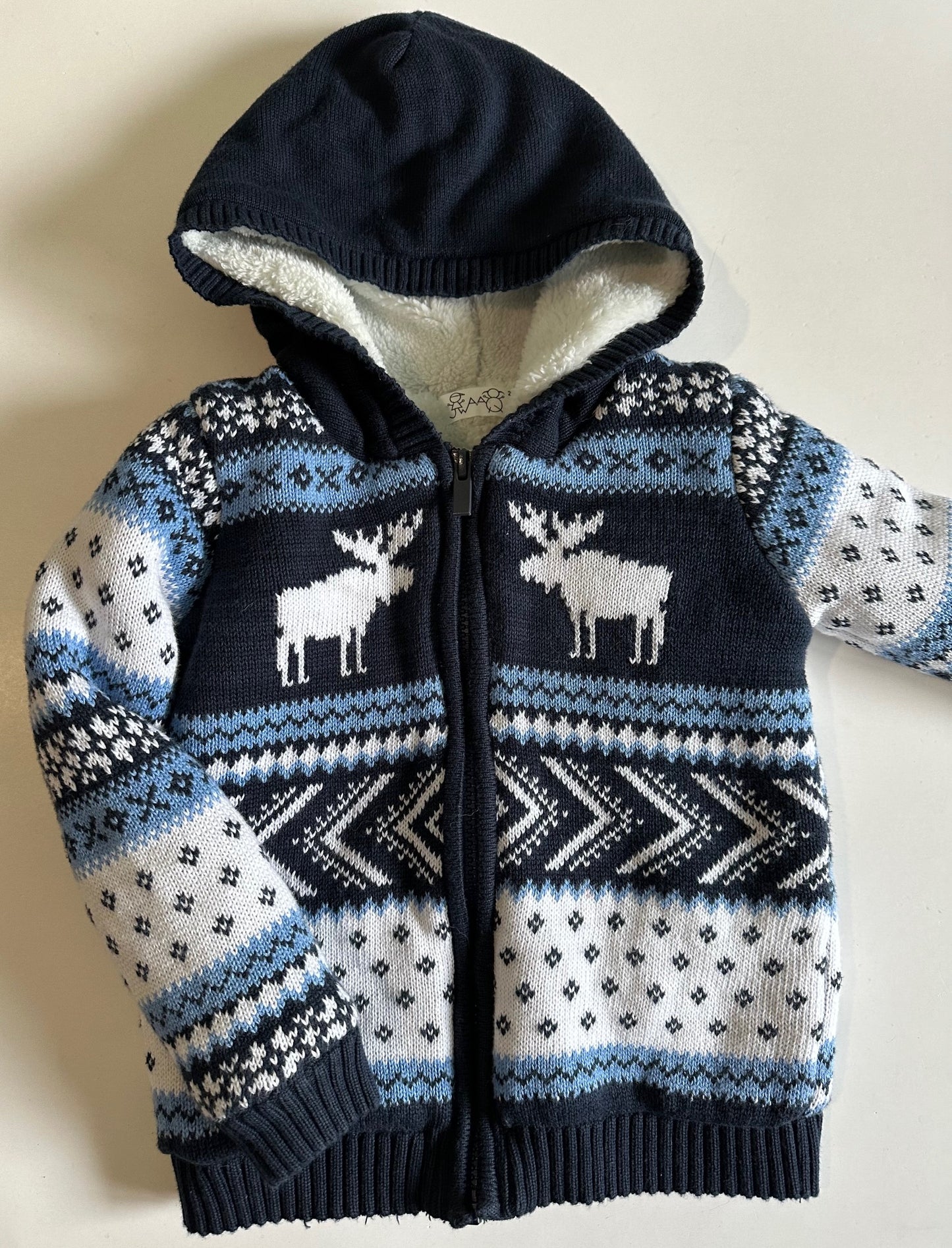 Unknown Brand, Blue and White Cozy-Lined Zip-Up Hooded Sweater - 24 Months