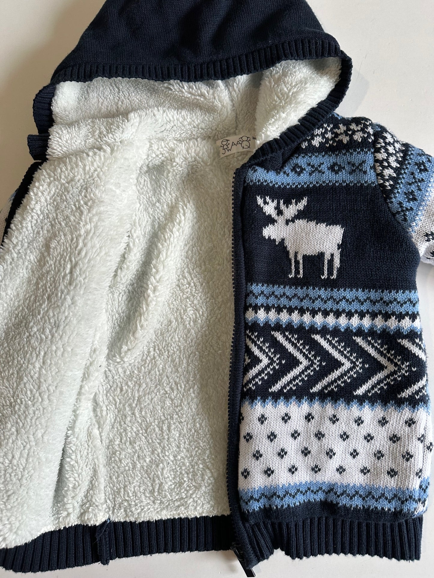 Unknown Brand, Blue and White Cozy-Lined Zip-Up Hooded Sweater - 24 Months