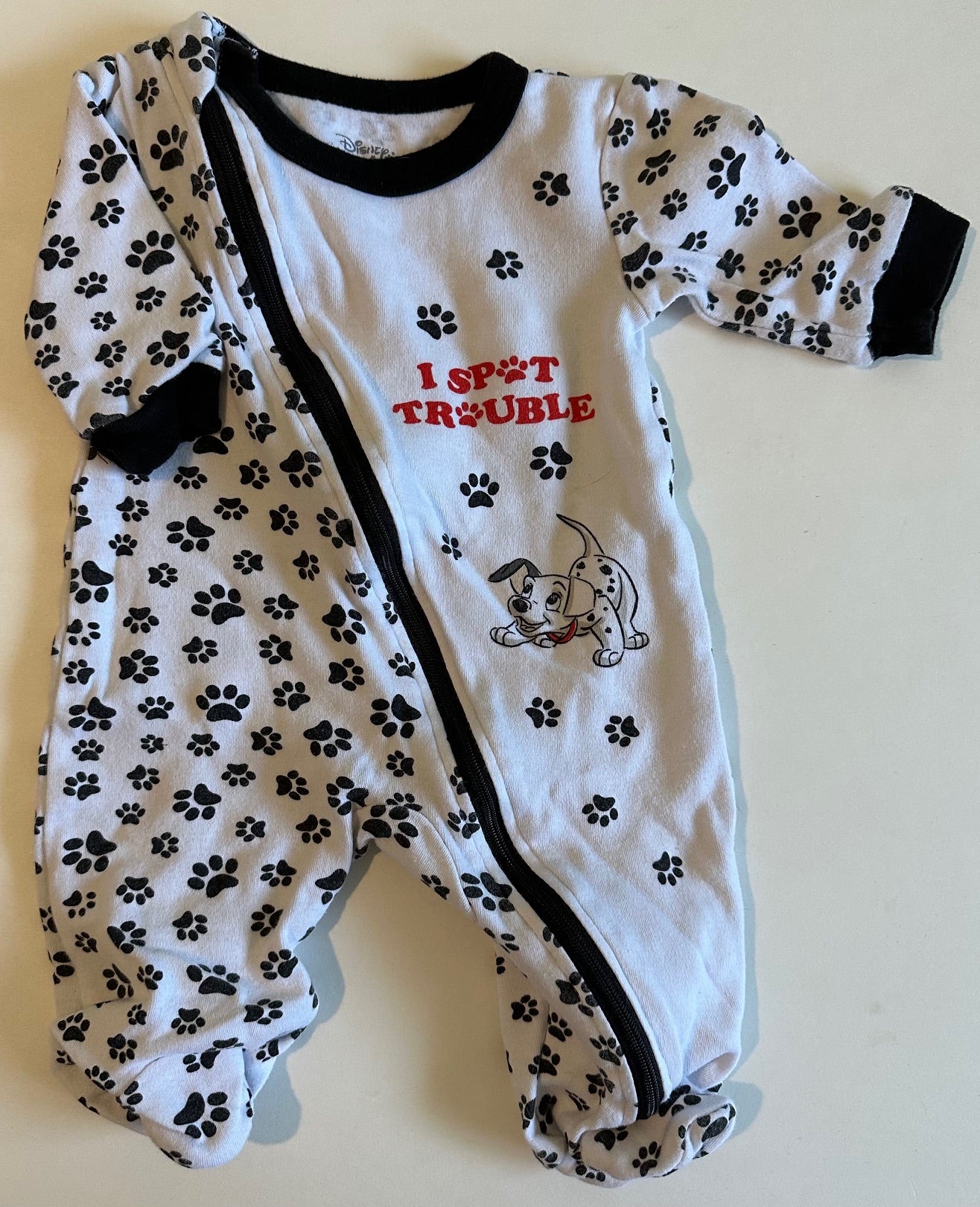 Disney, Black and White "I Spot Trouble" Paw Print Sleeper - 3 Months