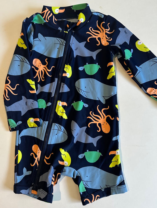 Simple Joys, Navy Blue Rash Guard Bathing Suit - 12 Months
