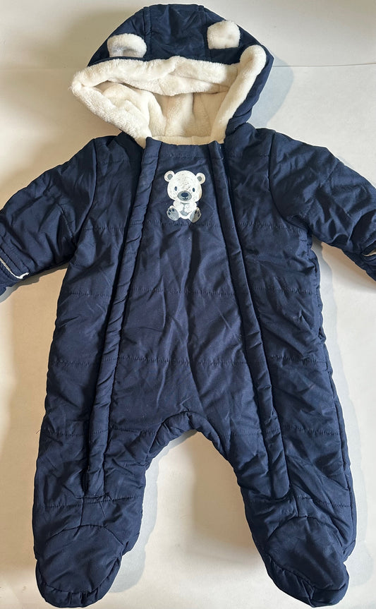 *Play* George, Soft-Lined Navy Blue Snowsuit with Attached Gloves - 0-3 Months