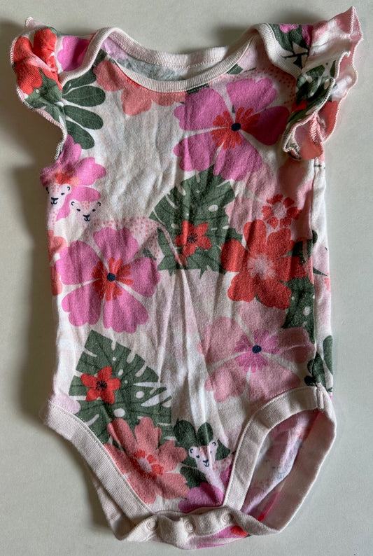 Bundles Baby Place, Pink Flowery Onesie with Ruffle Sleeves - 6-9 Months