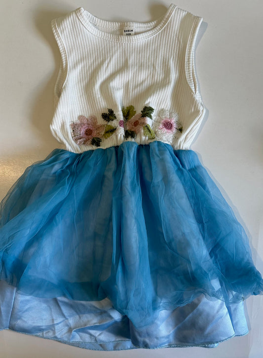 Shein, White Floral and Blue Sleeveless Dress - Size 6Y