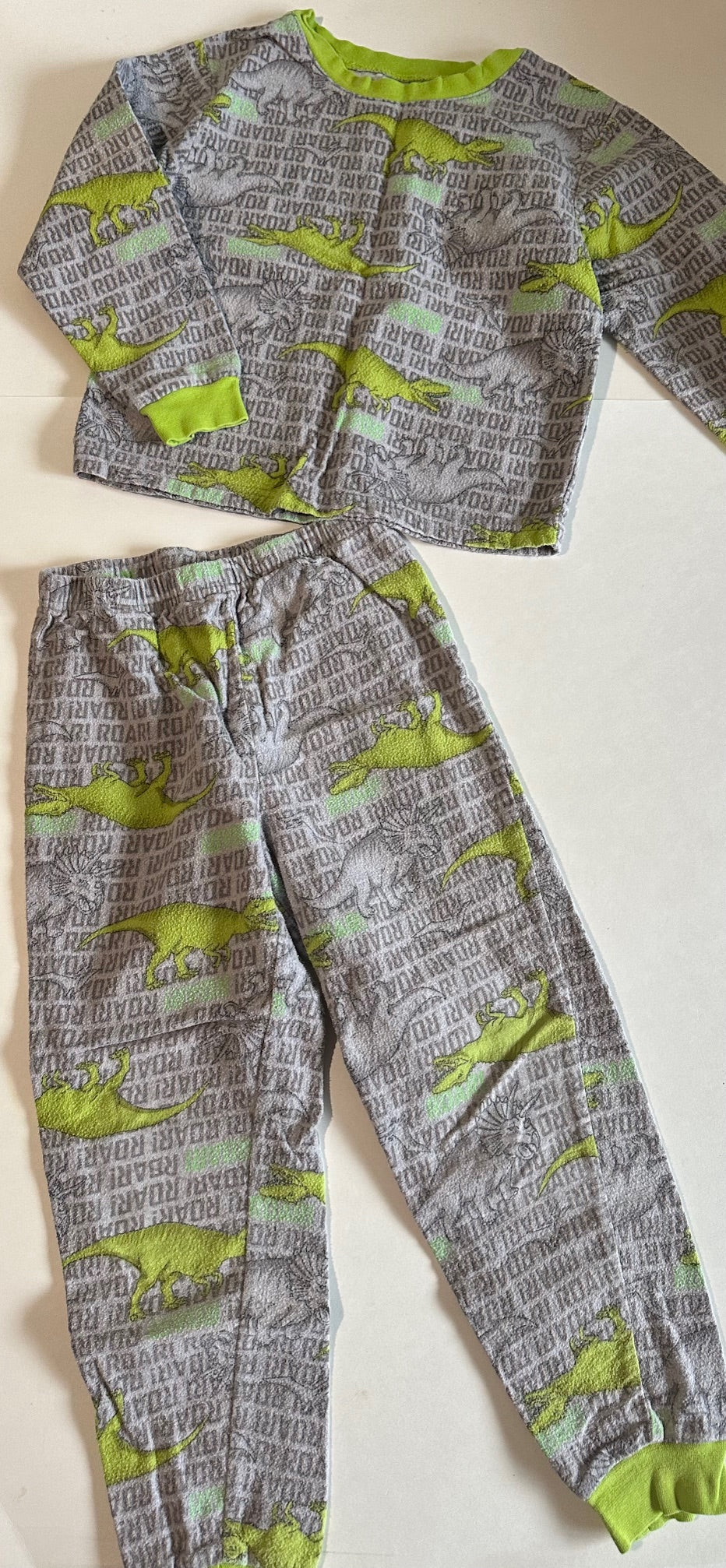 *Play* George, Two-Piece Grey and Green Dinosaur Pyjamas - Size Small (6)