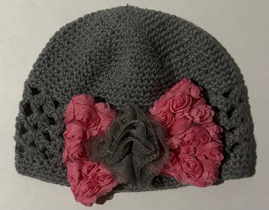 Baby Essentials, Grey and Pink Knitted Toque with Bow - 0-6 Months