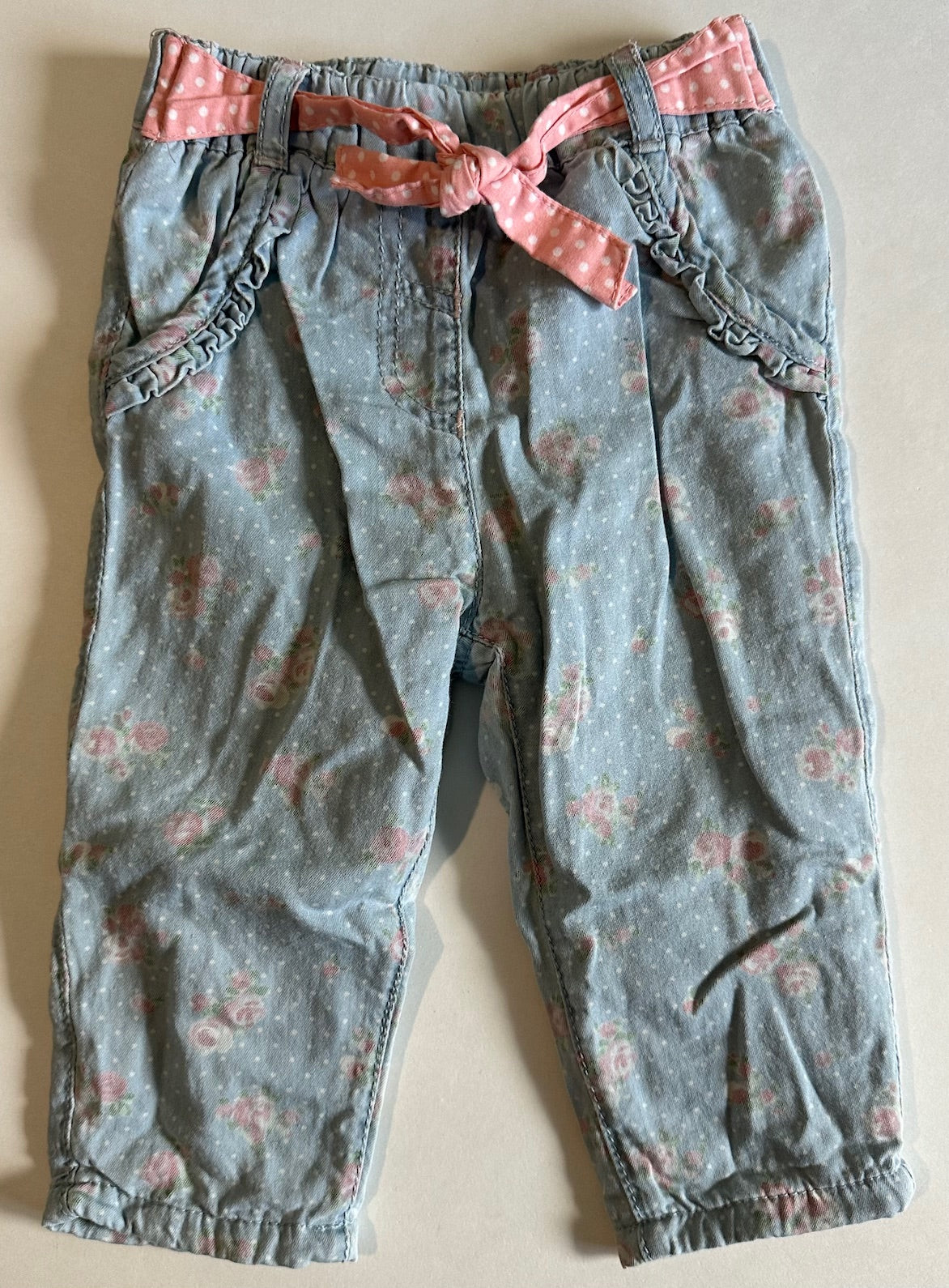 George, Light Denim Polka-Dot Flowery Pants with Pink Belt - 6-9 Months