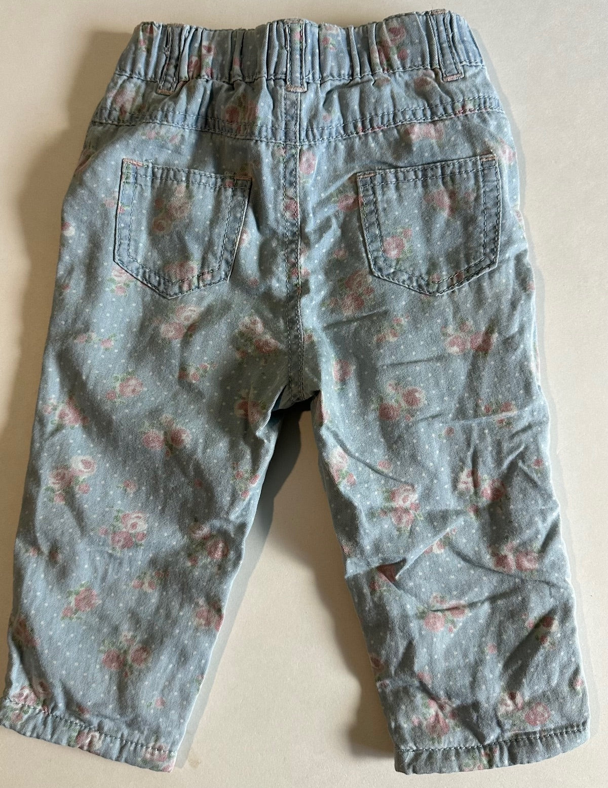 George, Light Denim Polka-Dot Flowery Pants with Pink Belt - 6-9 Months