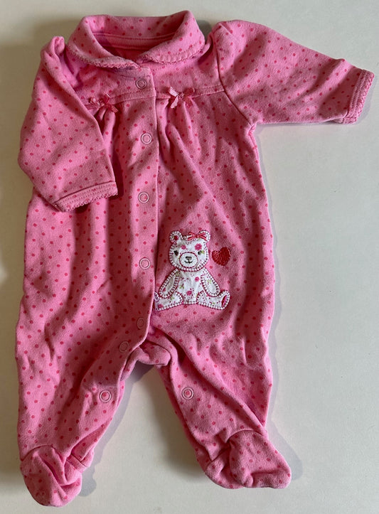 Unknown Brand, Pink Teddy Bear Polka-Dot Sleeper with Collar - 3-6 Months