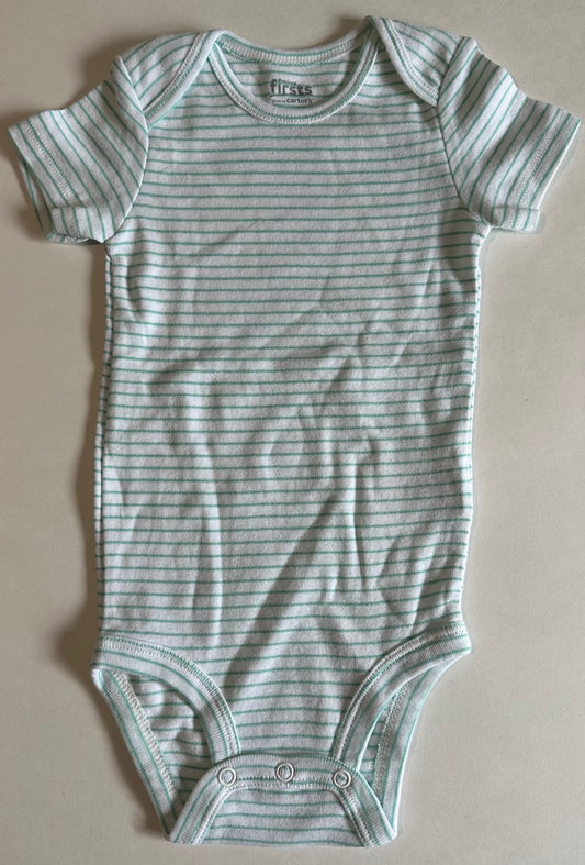 Precious Firsts, *Excellent Condition* White and Teal Striped Onesie - 9 Months