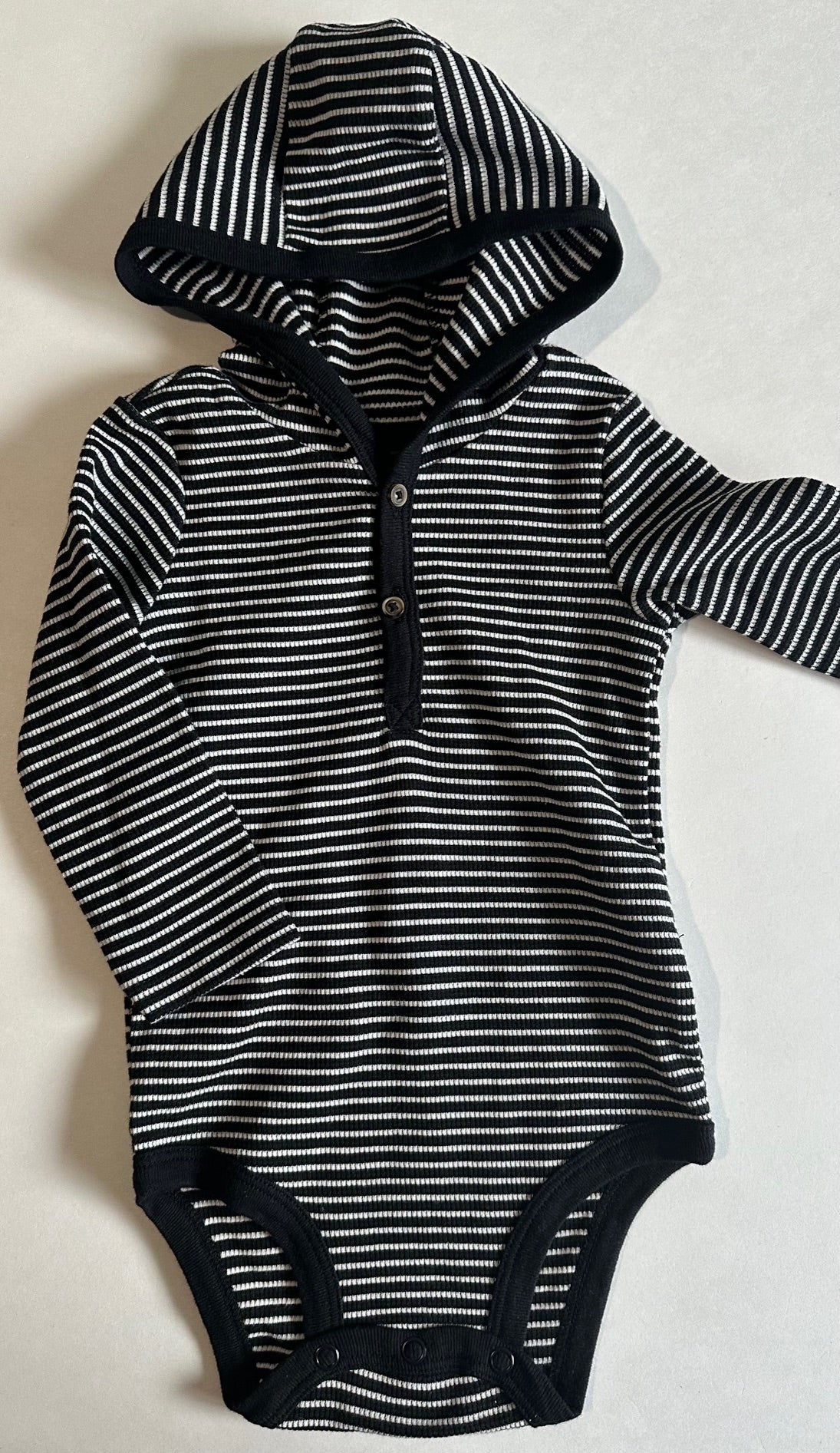 Just One You, Black and White Striped Hooded Onesie - 9 Months