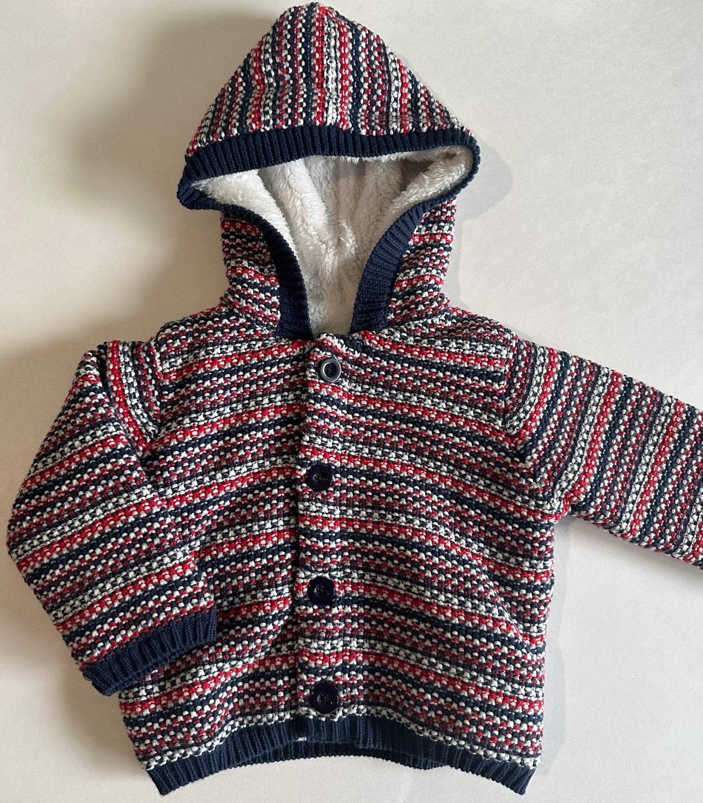 Dunnes Stores, Navy Blue and Red Button-Up Cozy-Lined Sweater - 3-6 Months