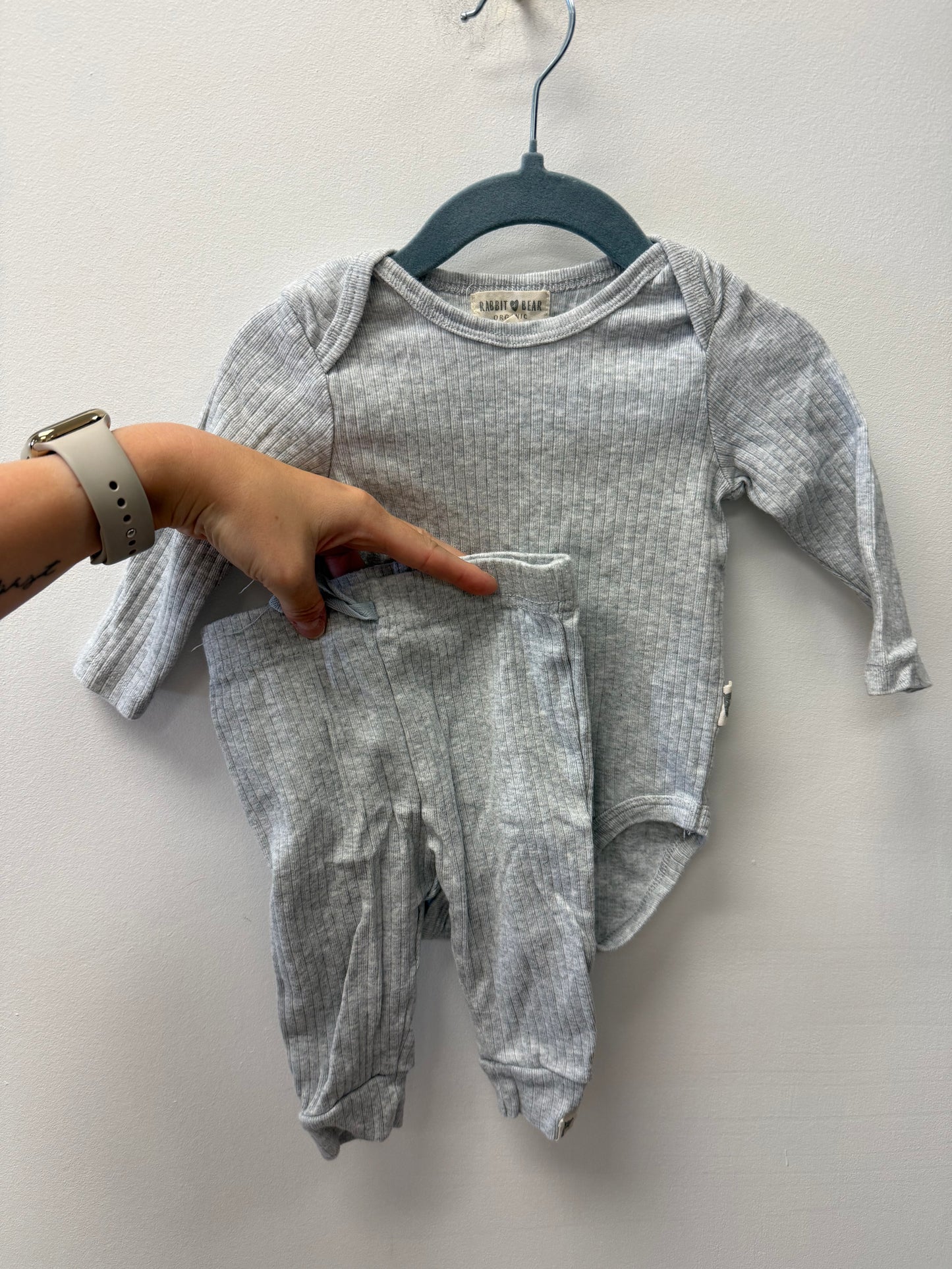 RABBIT + BEAR GREY ONESIE SET SIZE 6-9M