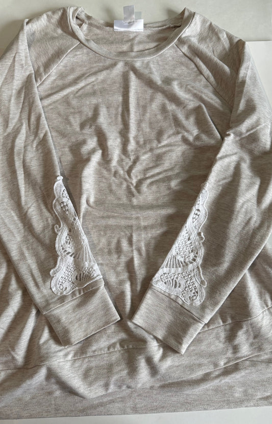 Motherhood Maternity, Light Beige Maternity Shirt with White Lace Details - Size Large