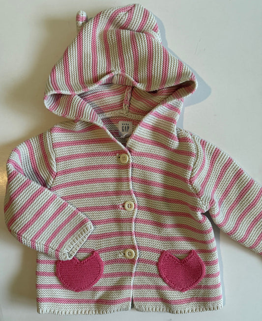 Baby Gap, Pink Striped Button-Up Sweater with Heart Pockets - 6-12 Months