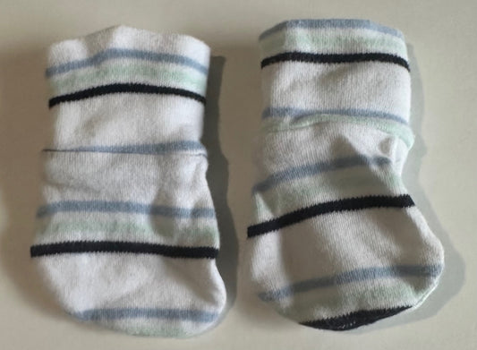 Unknown Brand, White, Blue, and Pale Green Striped Scratch Mittens - 0-3 Months